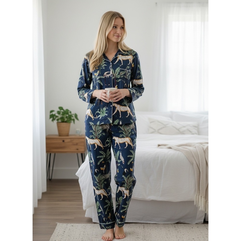 Safari Jungle Animal Print Pajama Set Women's XL Button Front Lounge Sleepwear